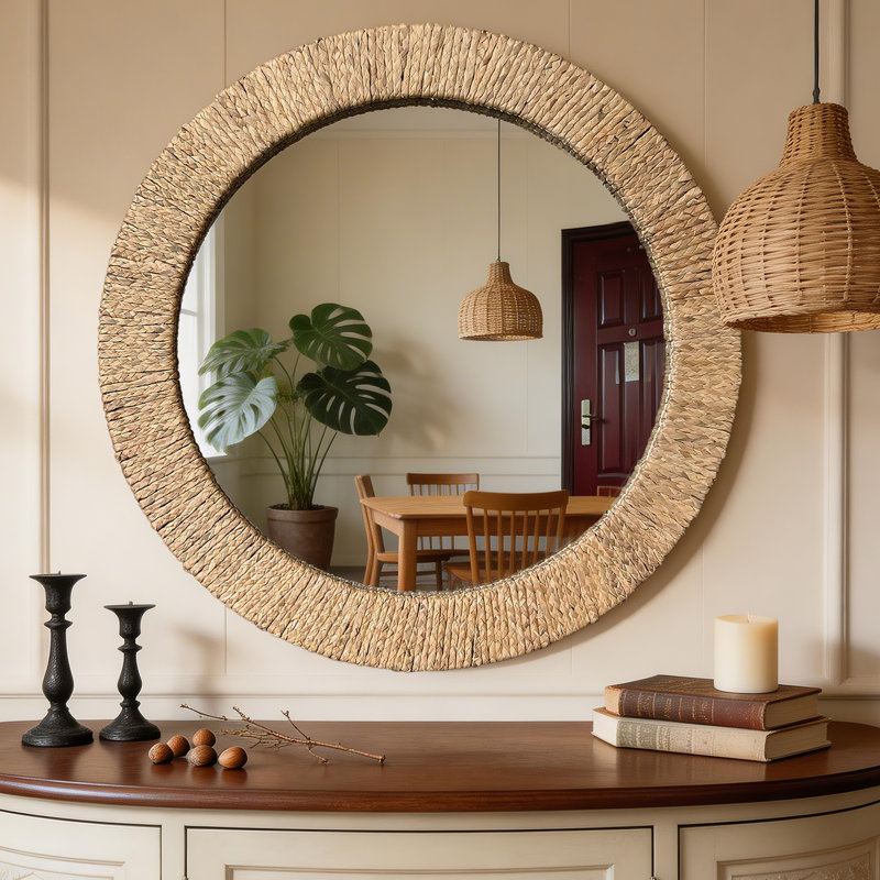 Round Rattan Wall Mirror, 36" x 36"