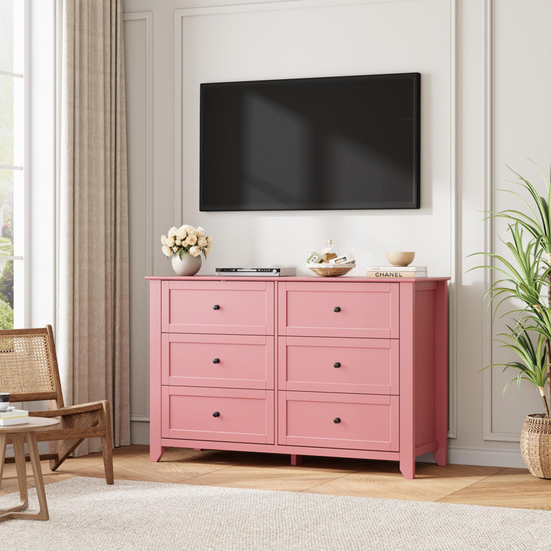 6 Drawer Dresser with Metal Knobs, 47.2" Wide Wooden Double Storage Chest for Bedroom Entryway Hallway, Pink