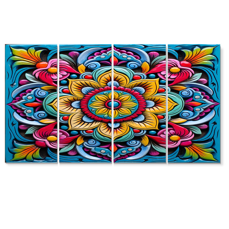 Art mural mandala bohème vibrant jaune fleur fuchsia - 4 pièces, H 28 po x l 48 po
