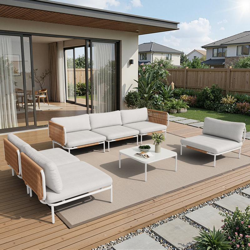 Ensemble de conversation modulaire pour l'extérieur 7 pièces, table basse incluse, Beige/White