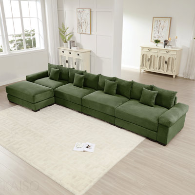 170-Inch Cloud L-Shape Sectional - Ottoman, Deep Seat, Wide Armrests, 12 Throw Pillows - Green