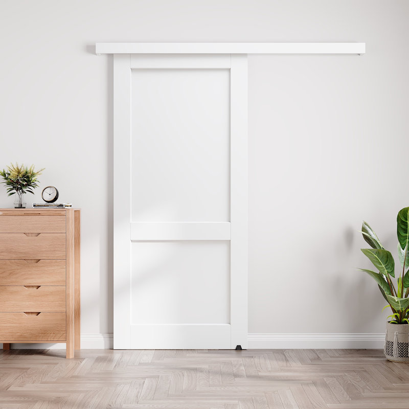 Porte coulissante de style grange à rail dissimulé, apprêtée blanche, à 2 panneaux, pour placard ou garde-manger, avec trousse de quincaillerie (aucun assemblage requis)