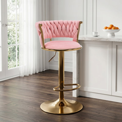 Tabouret de bar pivotant en velours rose, tabouret de bar moderne à hauteur réglable avec base en métal doré pour îlot de cuisine