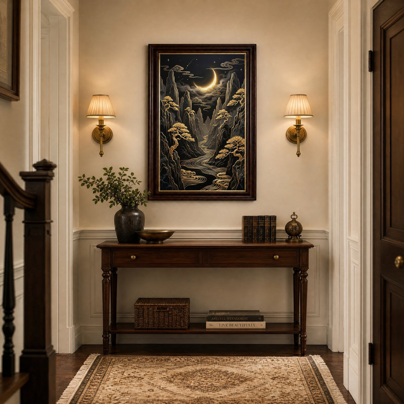 «Golden Mountains and Pine Trees Under Crescent Moon», art mural sur toile, H 18 po x l 12 po