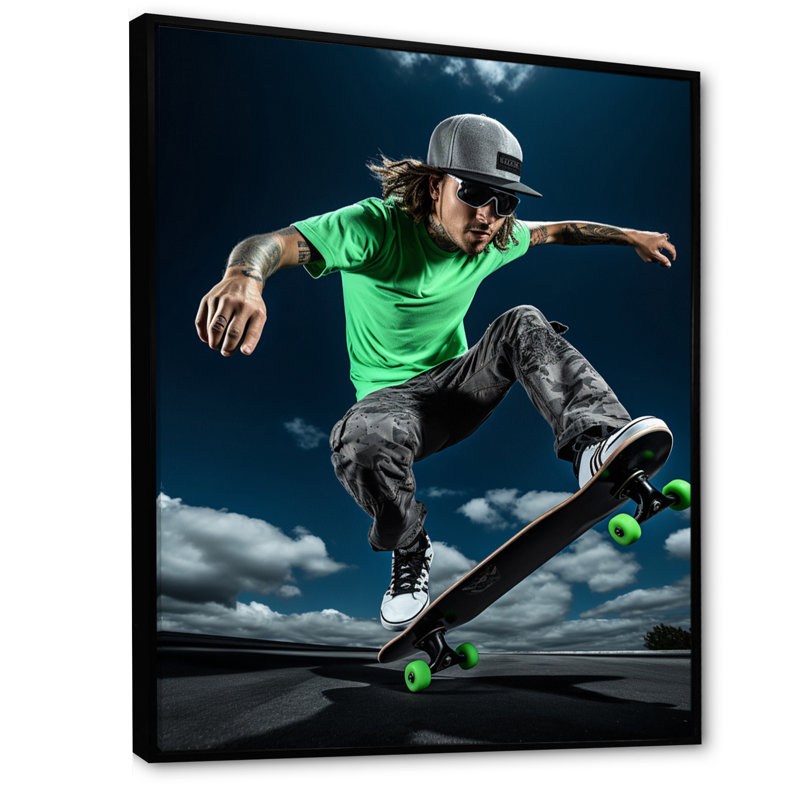 Skateboard Thrills - Sports, reproduction d'art mural, H 44 po x l 34 po x P 1,5 po, Cadre flottant noir