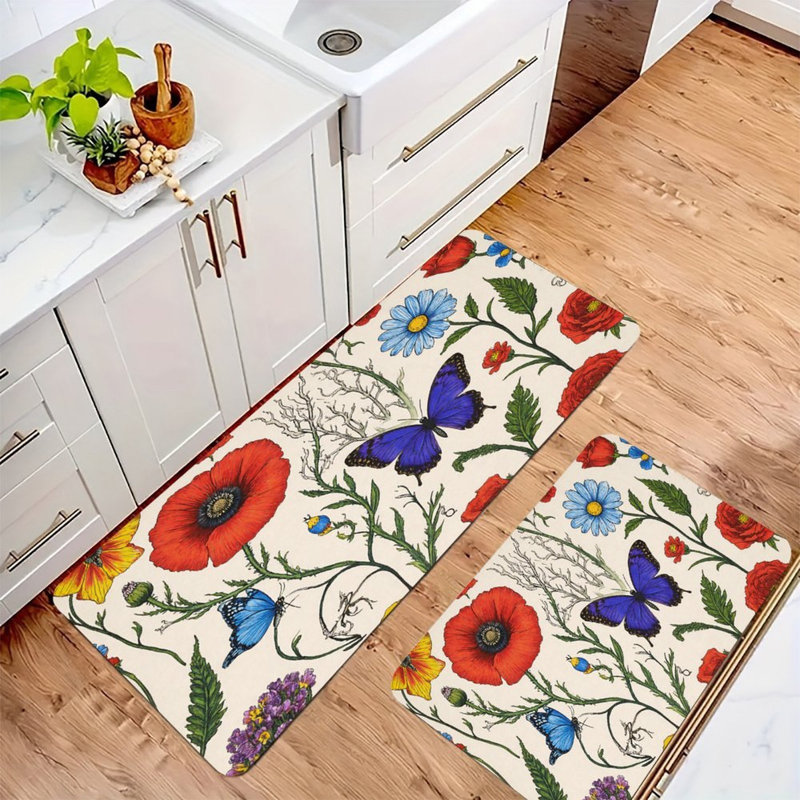 Ensemble de 2 tapis de cuisine à motif floral et papillons