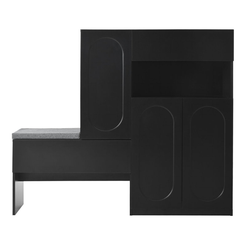 Élégant range-chaussures 2-en-1 avec coussin moelleux, banc de rangement moderne avec portes arquées et dispositifs de rebond, range-chaussures polyvalent avec tablettes réglables pour le couloir, le salon, noir