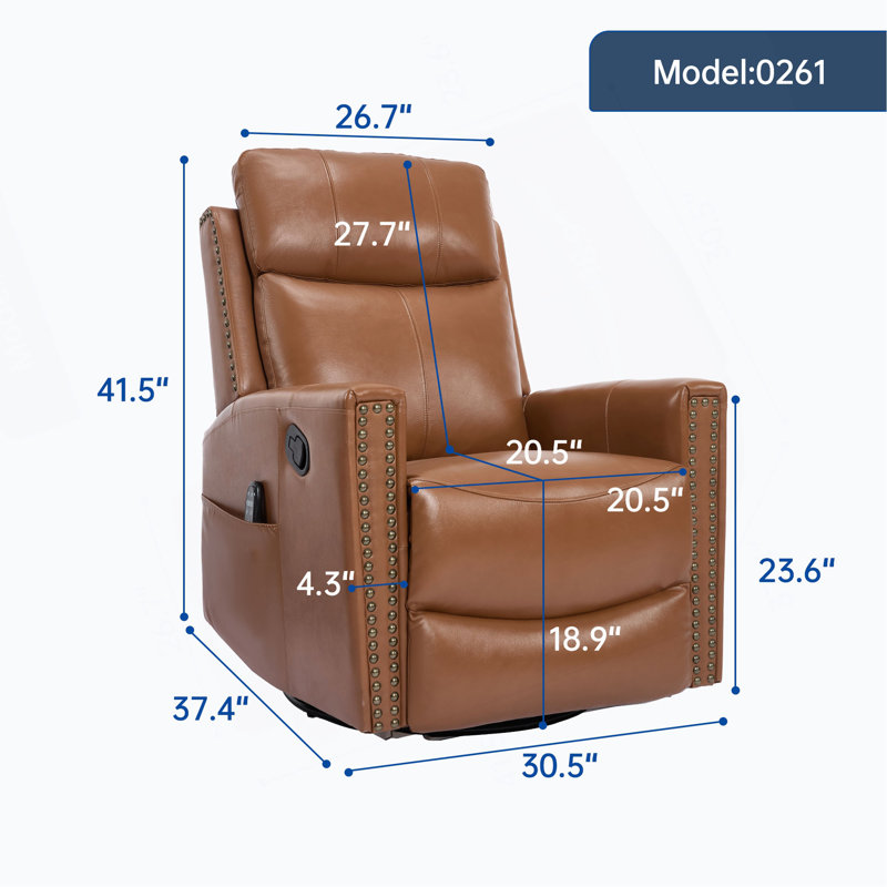 Genuine Leather Heat Massage Manual Recliner Chair With Rocker And Swivel For Living Room, Yellow