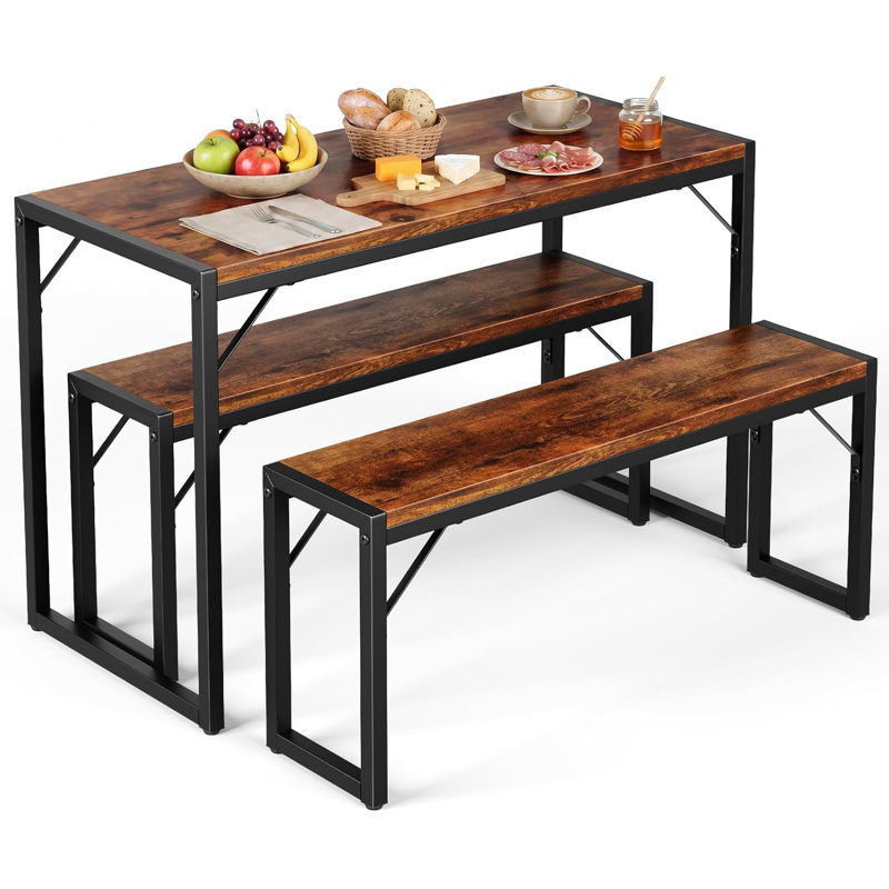 MAXLEAD Space-Saving Dining Table Set with 2 Benches, Dark wood