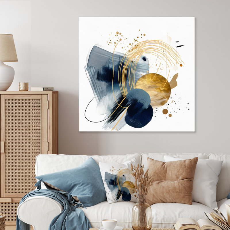 Paysage avec décorations géométriques modernes bleu foncé et or III, H 16 po x l 16 po x P 1 po