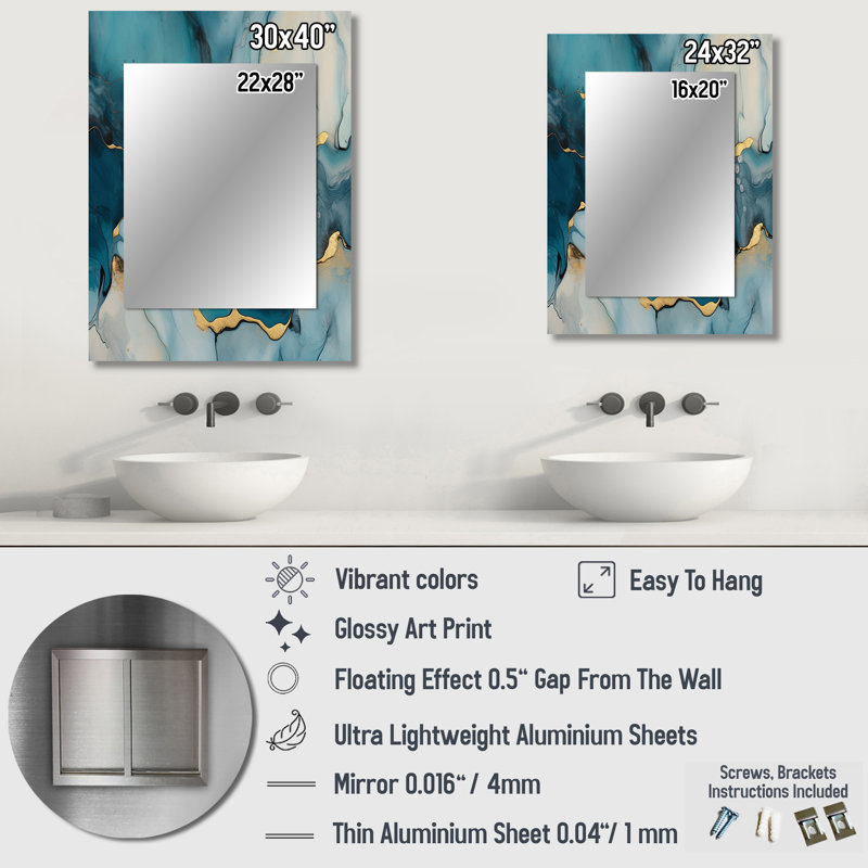 Makhi Turquoise Gold Infused Marble IV - Fractals Wall Mirror, Modern Decorative Mirror, Printed Metal Art, 32" x 24"
