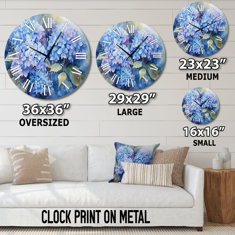 Horloge murale à hortensias bleus, Grand