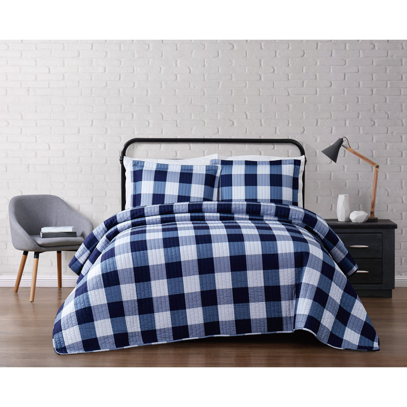 Ensemble de courtepointe en microfibre Buffalo, Courtepointe très grand et 2 très grandes taies, Bleu marine