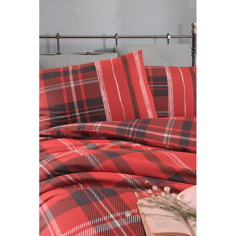 Ensemble de housse de courtepointe luxueuse 100% coton Ranforce, rouge, blanc et noir | Housse de couette 78,7 po x 78,7 po, 2 taies d'oreiller 31,5 po x 31,5 po | 142 fils au pouce, fermeture à boutons, lavable à la machine | Literie douce et durable