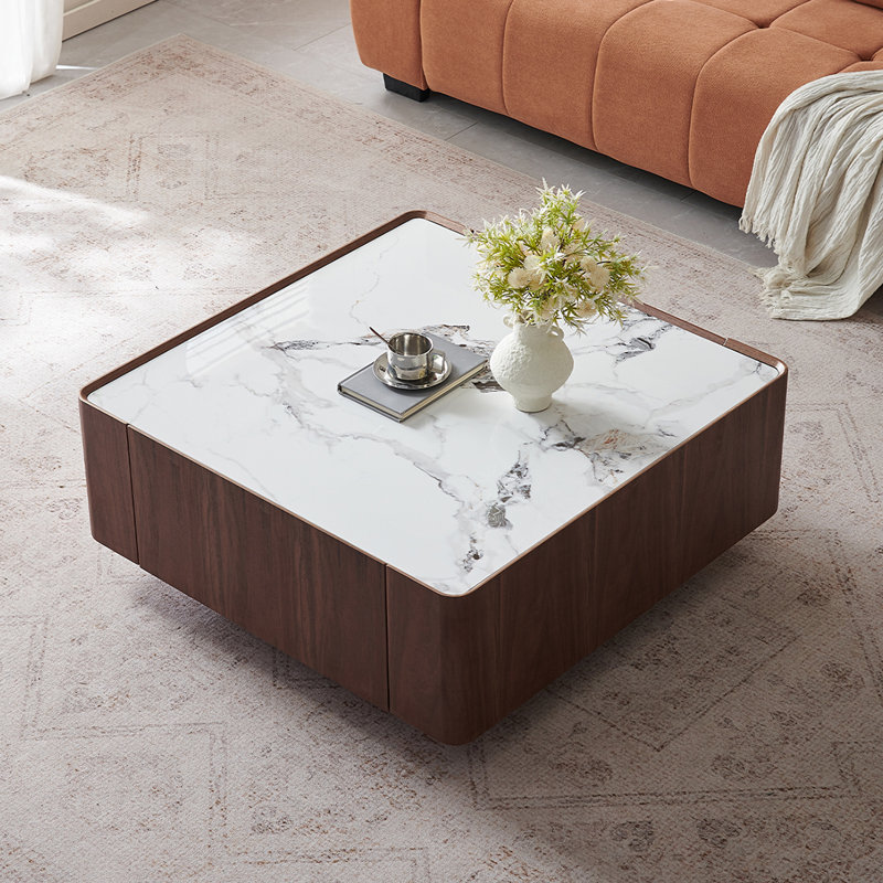 Table basse Mid-Century en noyer Rockboard, H 13,8 po x L 35,4 po x l 35,4 po, Blanc/Noir