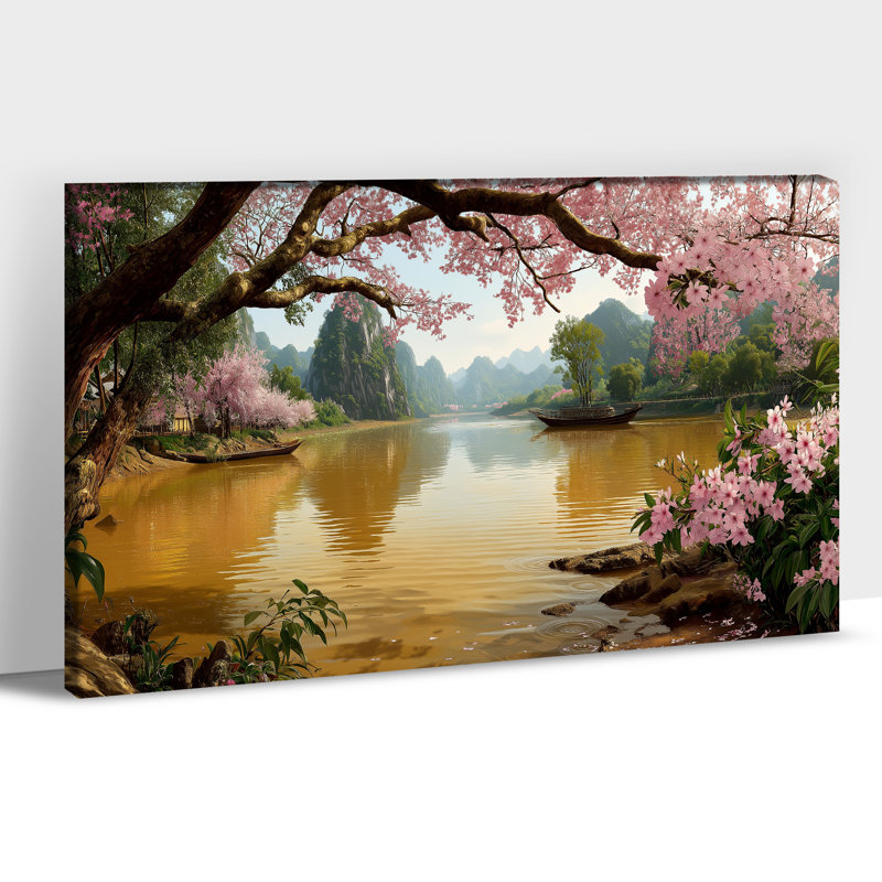 «Scenic Nature», art mural sur toile de paysage de rivière Cherry Blossom, H 18 po x l 24 po