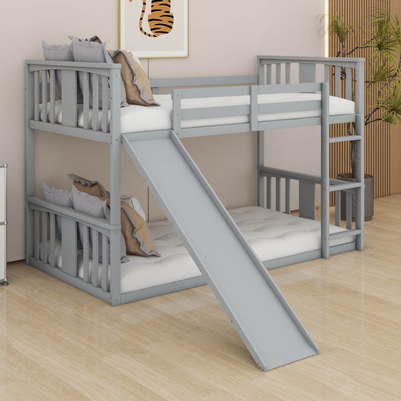 Lit superposé à plancher bas simple au-dessus d'un lit simple avec glissade Cadre de lit superposé en bois avec échelle, Gris