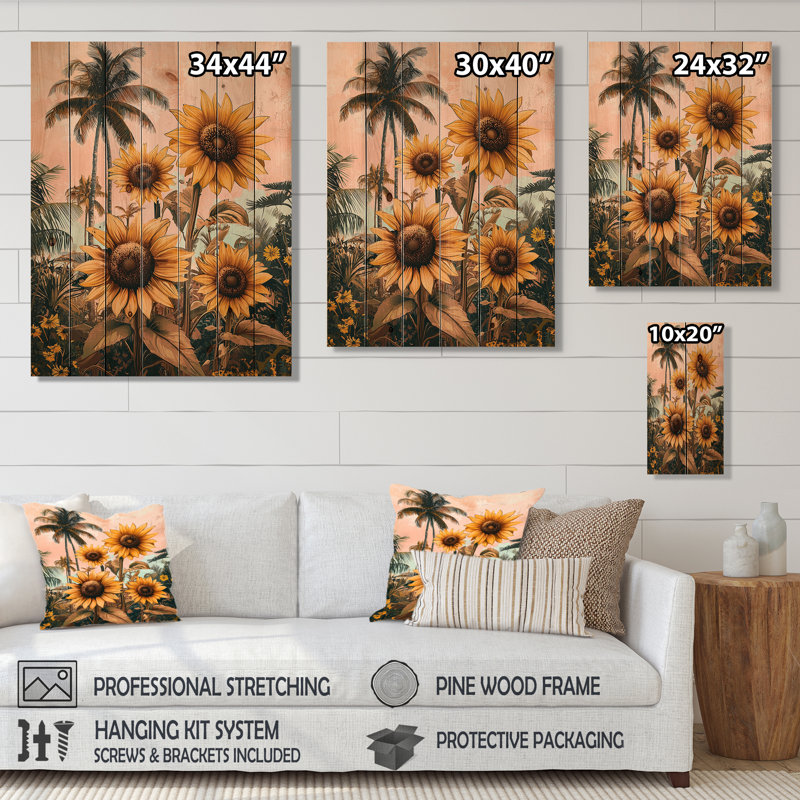 Tropical Sunflowers Field In The South I - Sunflowers Wood Wall Art - On Natural Pine Wood, 20" H x 10" W x 0.78" D