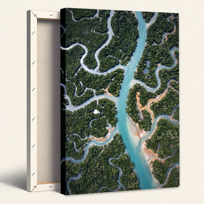 «Winding Turquoise River Through Green Forest», art mural sur toile, H 18 po x l 12 po