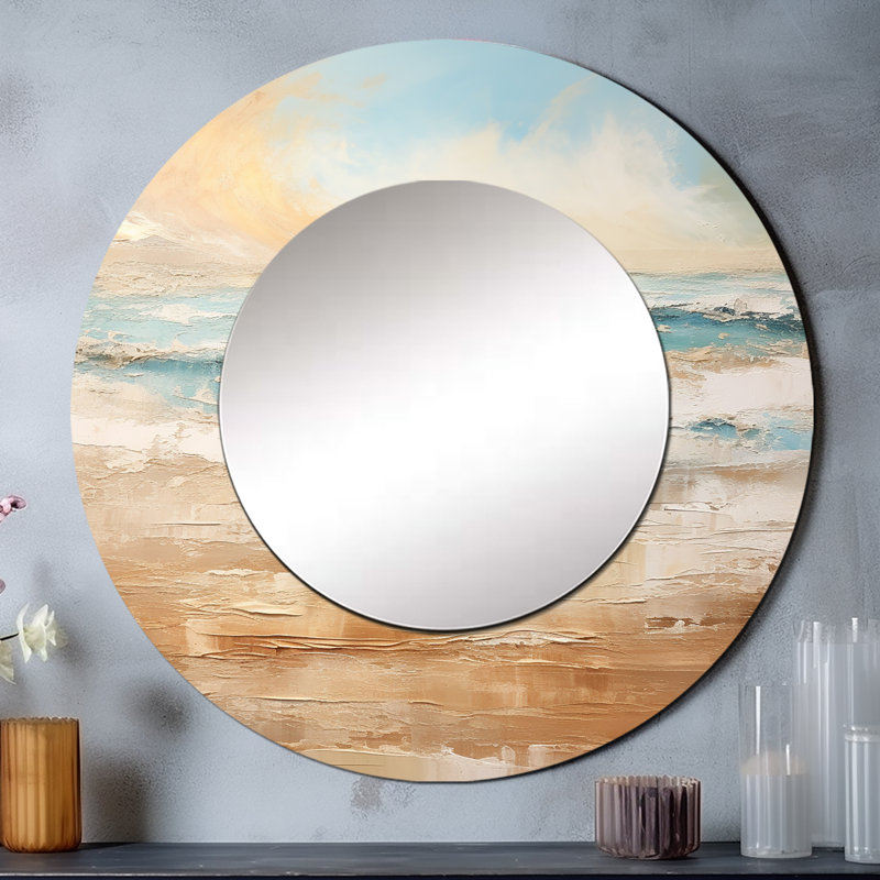 Roenia Golden and Blue Beach Tranquility II - miroir décoratif de plage, miroir mural rond côtier, impression d'art en métal