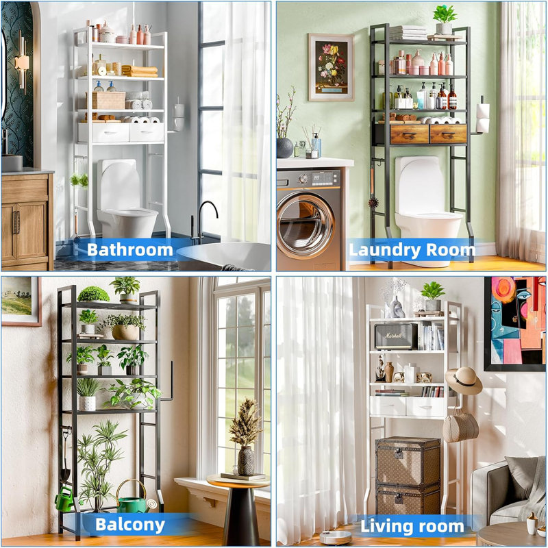 4-Tier Over The Toilet Storage Shelf With Drawers & Hooks - Heavy Duty Metal Bathroom Organizer For Laundry, Towels & Toiletries - Adjustable & Space-Saving Design