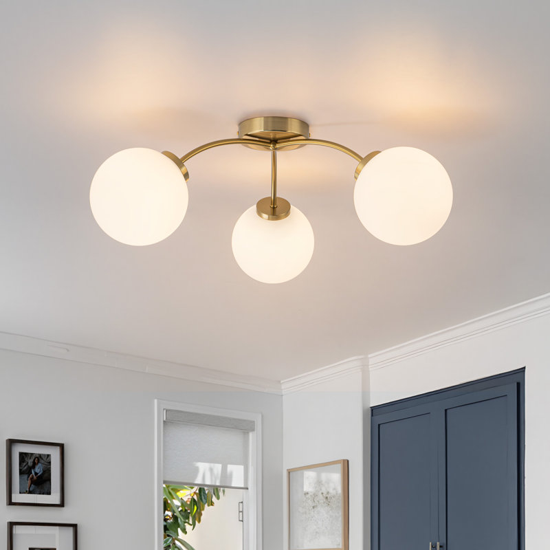 Kaynen 3-Light Minimalist Branch Flush Mount Light With Frosted Glass Shades, Brass