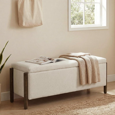 Beige Upholstered Storage Ottoman Bench with Rubberwood Legs, Hinged Lid, and Spacious Hidden Storage for Bedroom, Living Room, or Entryway