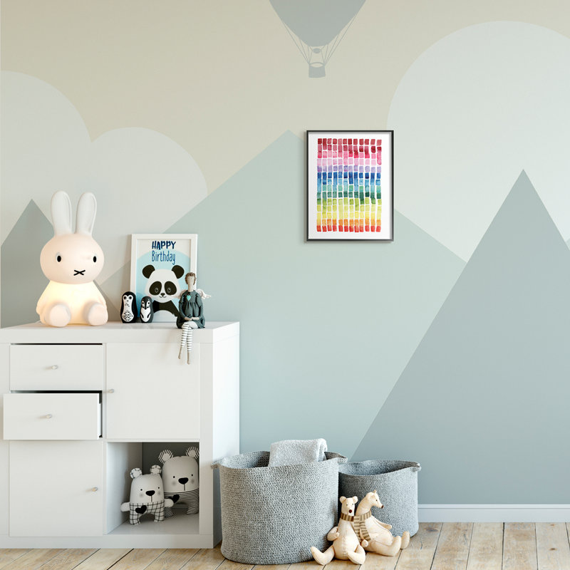 Carreaux géométriques aquarelle arc-en-ciel sur blanc, H 14 po x l 11 po x P 1,5 po, Giclée encadrée noir minuit