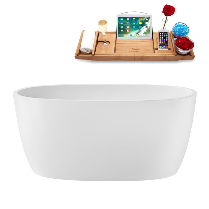 51" Streamline Soaking Glossy White Freestanding Tub and Tray With Internal Drain, Glossy White