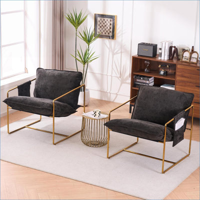 Ensemble de 2 chaises d'appoint rembourrées pour adultes, structure en métal plaqué or et sièges d'appoint en tissu tissé gris anthracite pour la chambre à coucher du salon