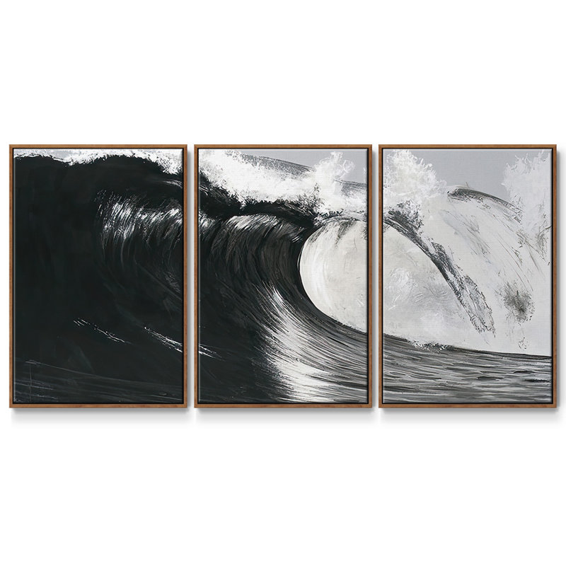 «Black and White Waves III», reproduction sur toile 3 pièces, Noyer, H 36 po x l 75 po x P 2 po