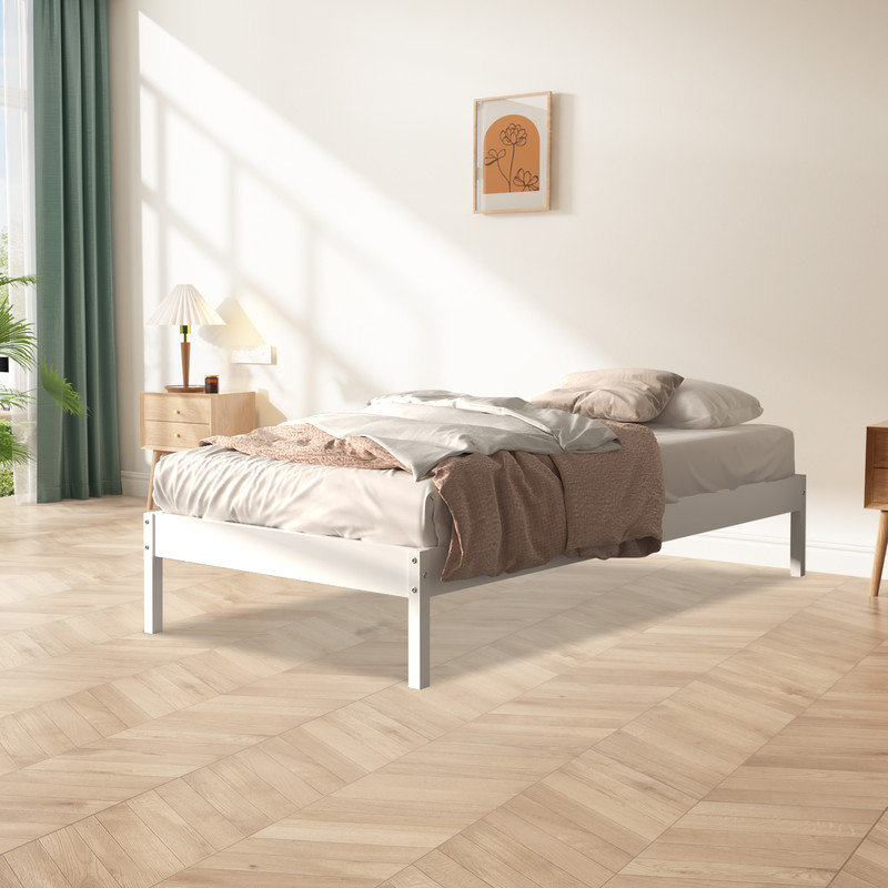 Base de lit plateforme en bois massif Tilon, Lit simple, Blanc