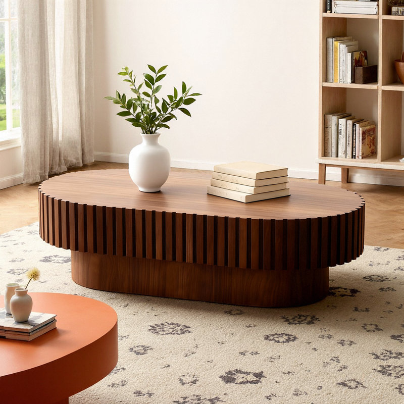 Table basse Mid-Century moderne cannelée ovale avec base piédestal