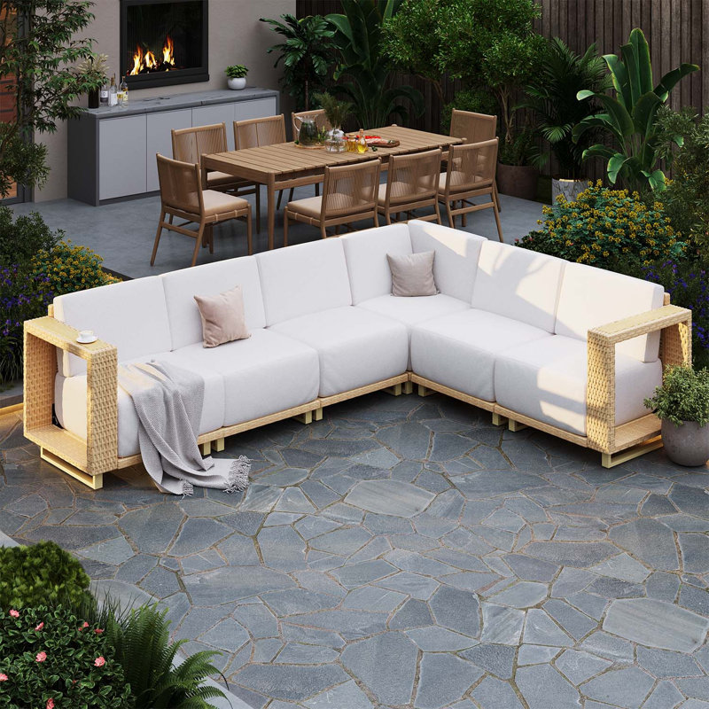 Ensemble de conversation d'extérieur en osier 6 pièces avec coussins 10 po Eila, Beige Cushion/Yellow Frame, 6, Sectional