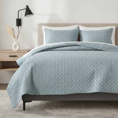 Queen Size Blue Lightweight Bedspread, Quilted Clouds Pattern Soft Coverlet Set for All Season, 3 Pieces