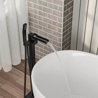 Freestanding Bathtub Faucet Waterfall Tub Filler Matte Black Floor Mount Brass Bathroom Faucets with Hand Shower