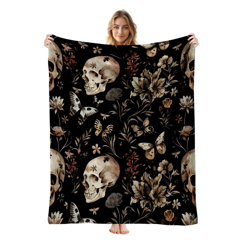 Jeté en flanelle JYK Halloween, Skulls Butterflies Floral