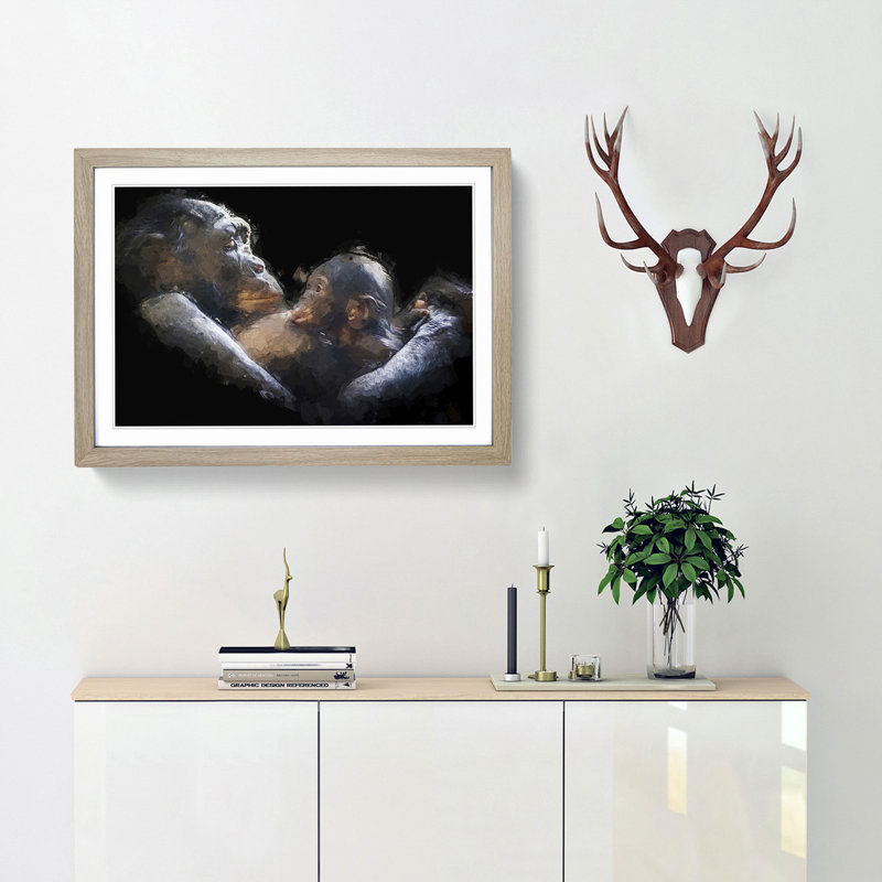 Gorilla Mother & Child in Abstract - Picture Frame Graphic Art Print, Oak Framed, 48cm H x 65cm W x 2cm D