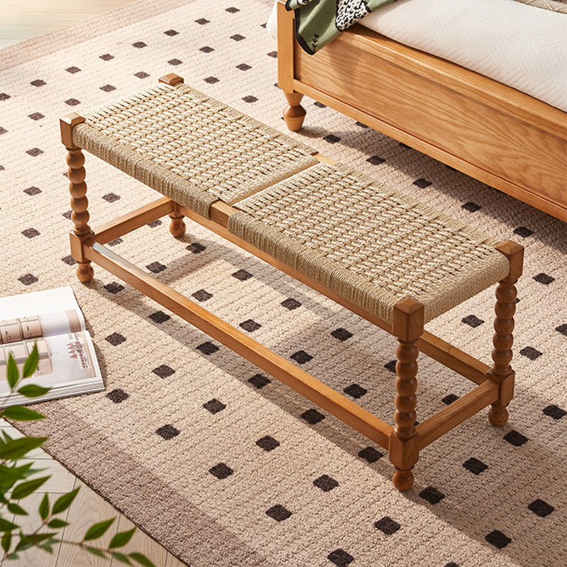 Beige Brown Solid Wood Linen Bench