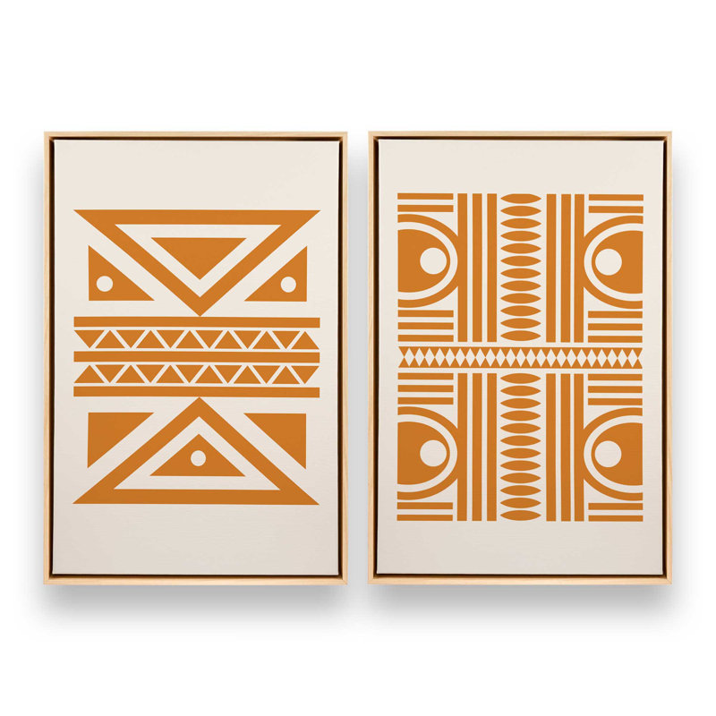 Ensemble de 2 motifs tribaux modernes en orange, Cadre américain en érable flottant, H 19 po x l 26 po