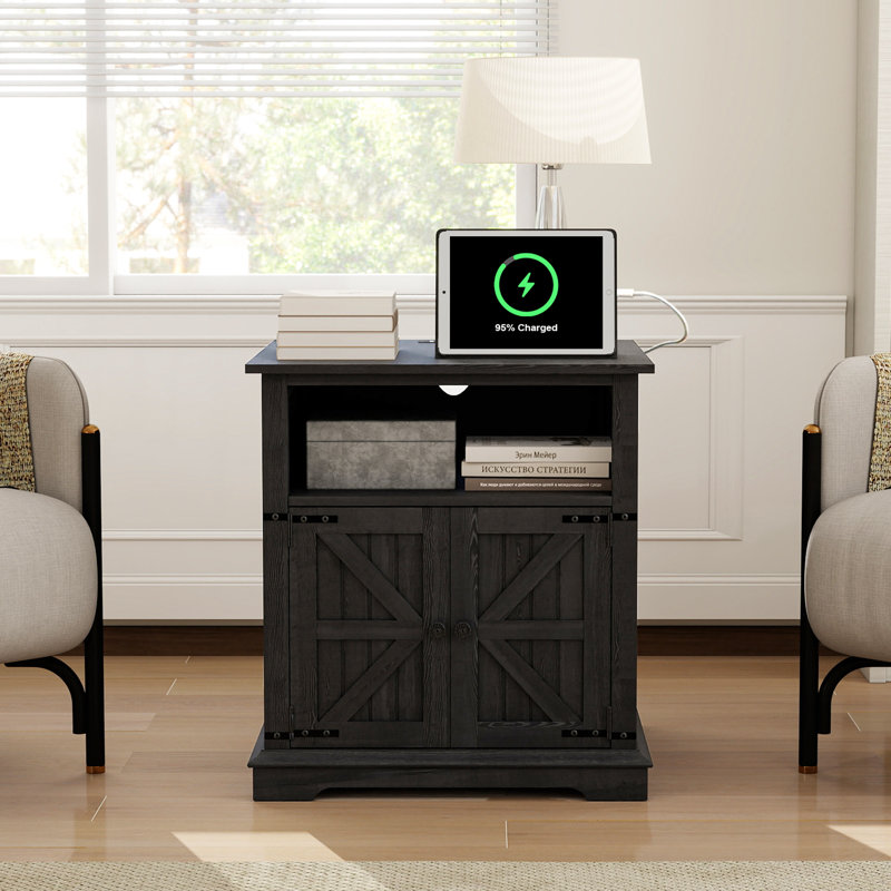 August Grove® Modern Nightstand with Cabinet & Built-In 2 AC Outlets + 2 USB Ports – Farmhouse Style End Table with Barn Door