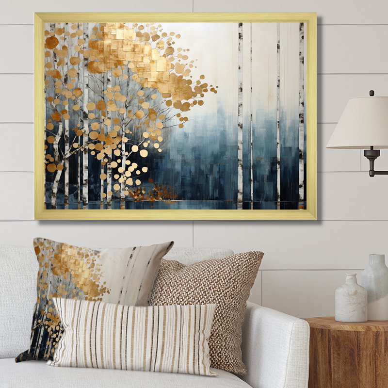 Minimalisme bleu et forêt dorée - art mural forêt, H 24 po x l 32 po x P 1 po, Cadre doré simple