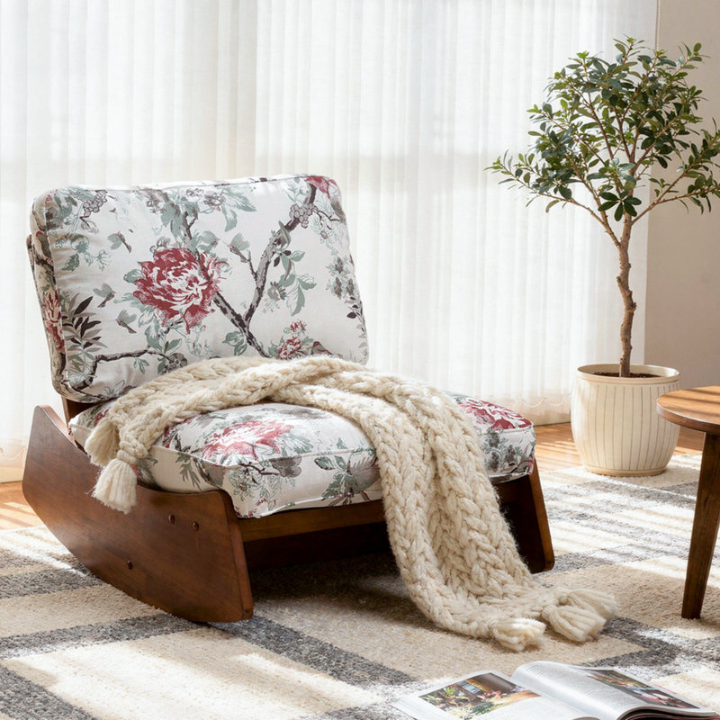 Chaise berçante rembourrée en bois massif, Plants Floral