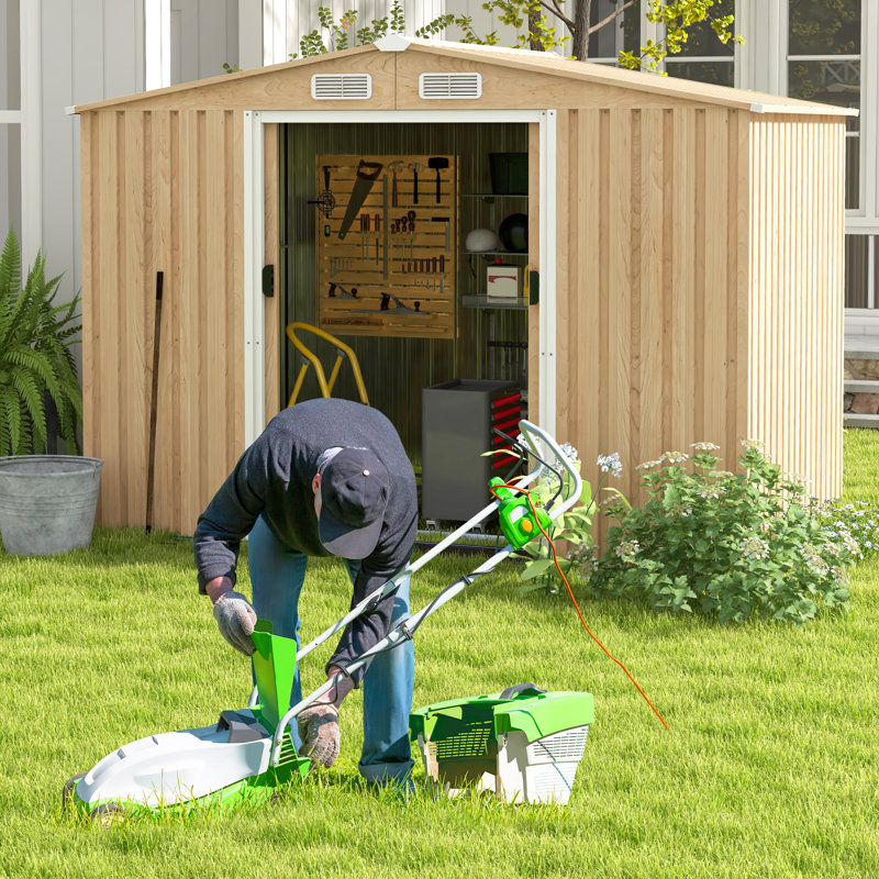 8.5 X 6.5 FT Metal Garden Shed Galvanized Steel Outdoor Storage House With Floor Base