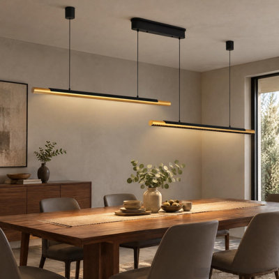 75" Modern Black & Gold Linear LED Chandelier, Dual Tube Dimmable Pendant Light for Kitchen Island