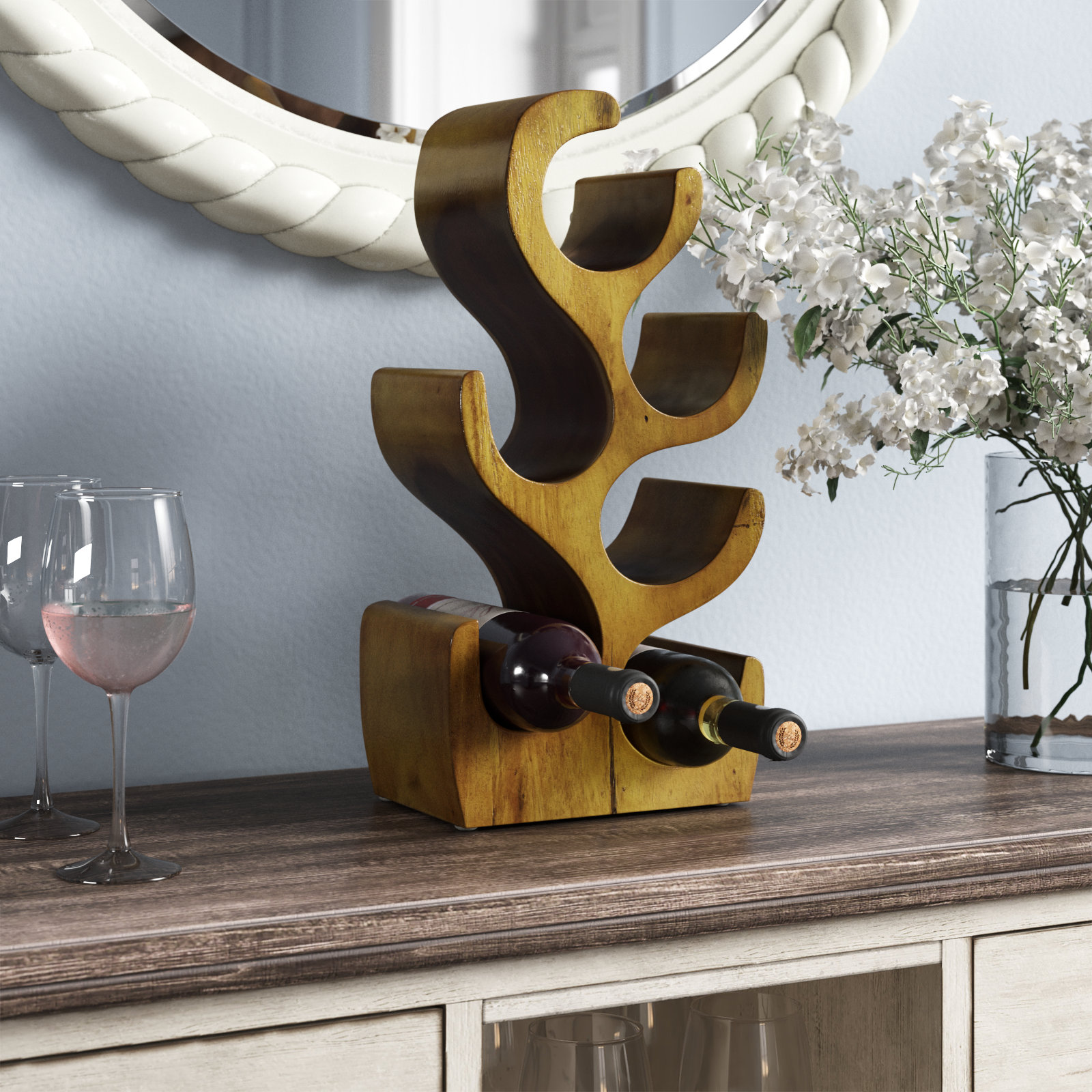 Handcrafted Sculptural Mango Wood 6-Bottle Wine Rack