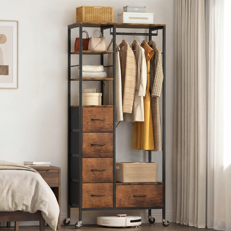 80cm Rolling Portable Wardrobe, Wood Grain