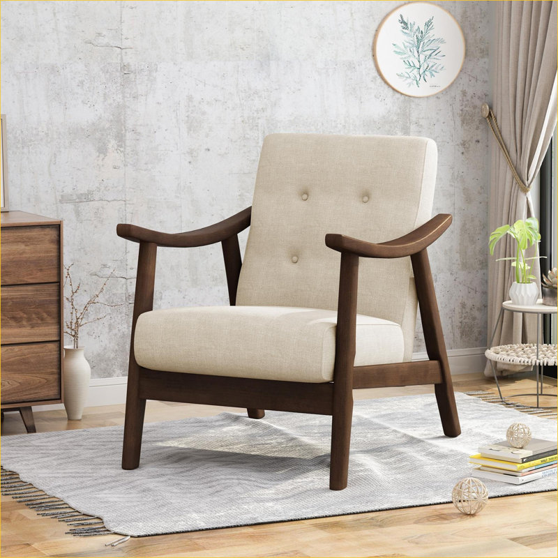 Mid-Century Modern Swivel Accent Chair for Adults, Tufted Off-White &amp; Black Houndstooth Upholstery, Walnut Brown Solid Wood Frame