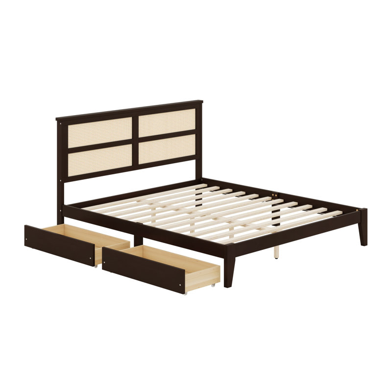 Lit en bois avec tête de lit en rotin et deux tiroirs de rangement, Espresso