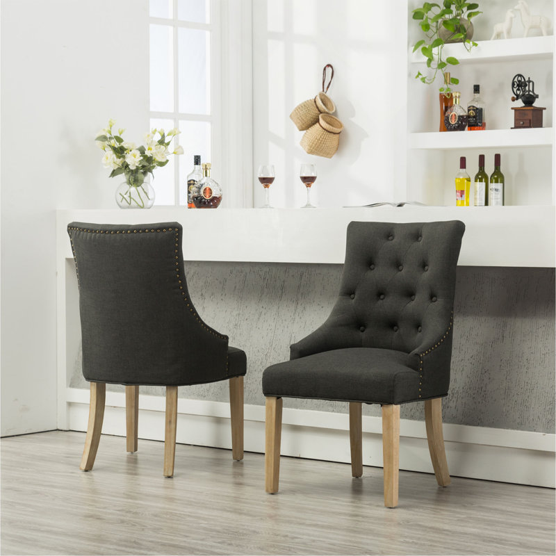 Ensemble de 2 chaises à oreilles capitonnées à oreilles en bois massif avec têtes de clou, Gris anthracite